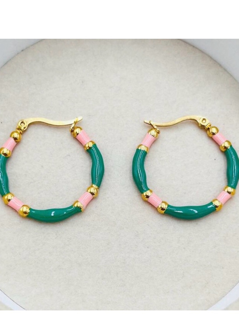 Stainless Steel Gold-Tone Green and Pink Hoop Earrings